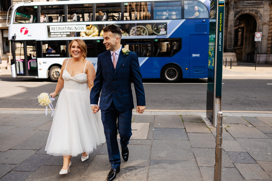 Bride and Groom walking in Glasgow City